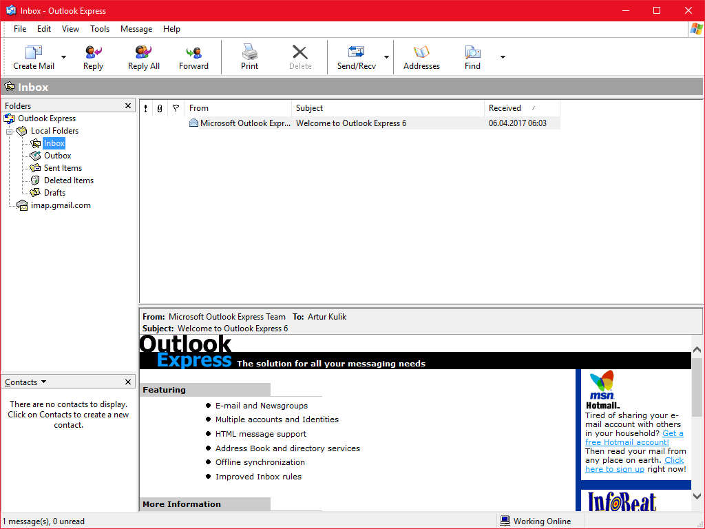 how to reinstall outlook express in windows 10